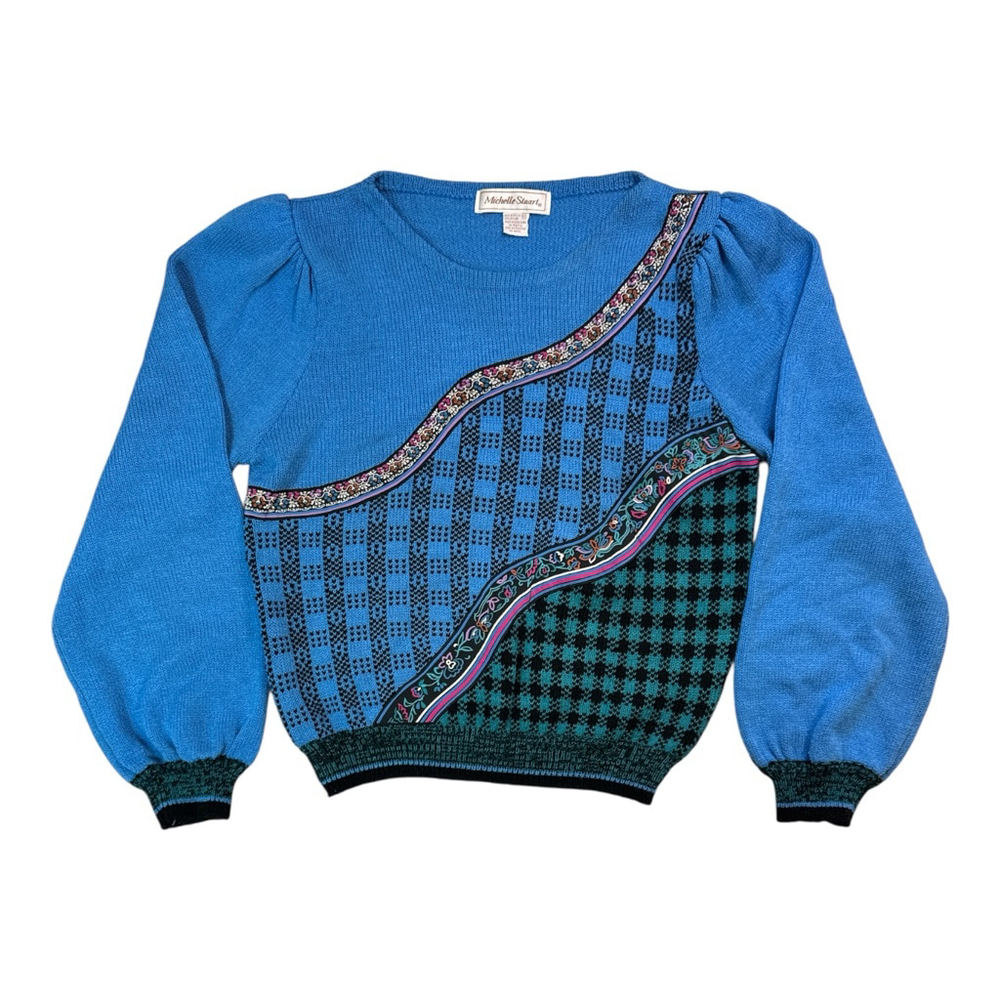 MICHELLE STEWART Vintage 80s Sweater Geometric & Floral Blue Size 12